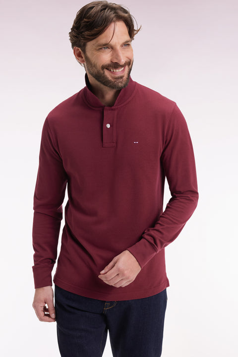 Long-sleeved polo shirt in burgundy Pima cotton, straight cut - Image 1