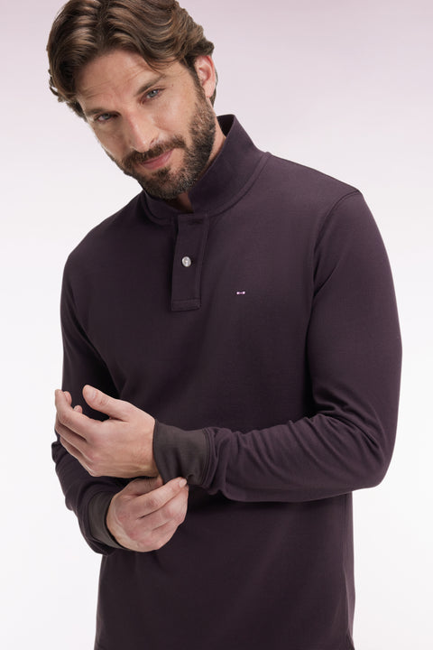 Long-sleeved polo shirt in brown Pima cotton, straight cut - Image 1