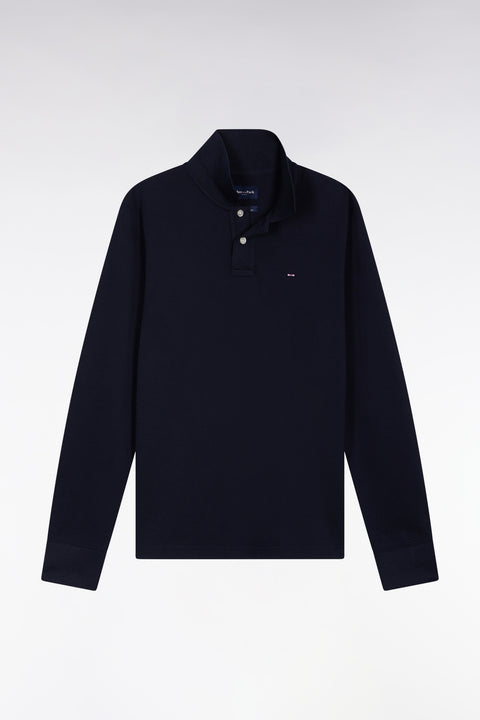 Long-sleeved polo shirt in straight-cut navy Pima cotton - Image 2