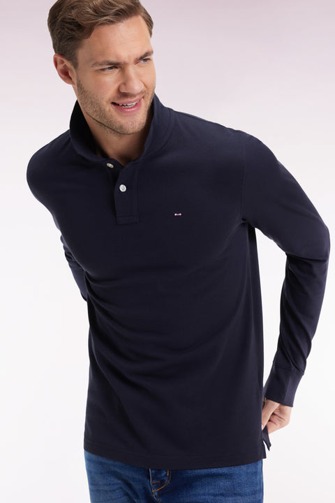 Long-sleeved polo shirt in straight-cut navy Pima cotton - Image 1