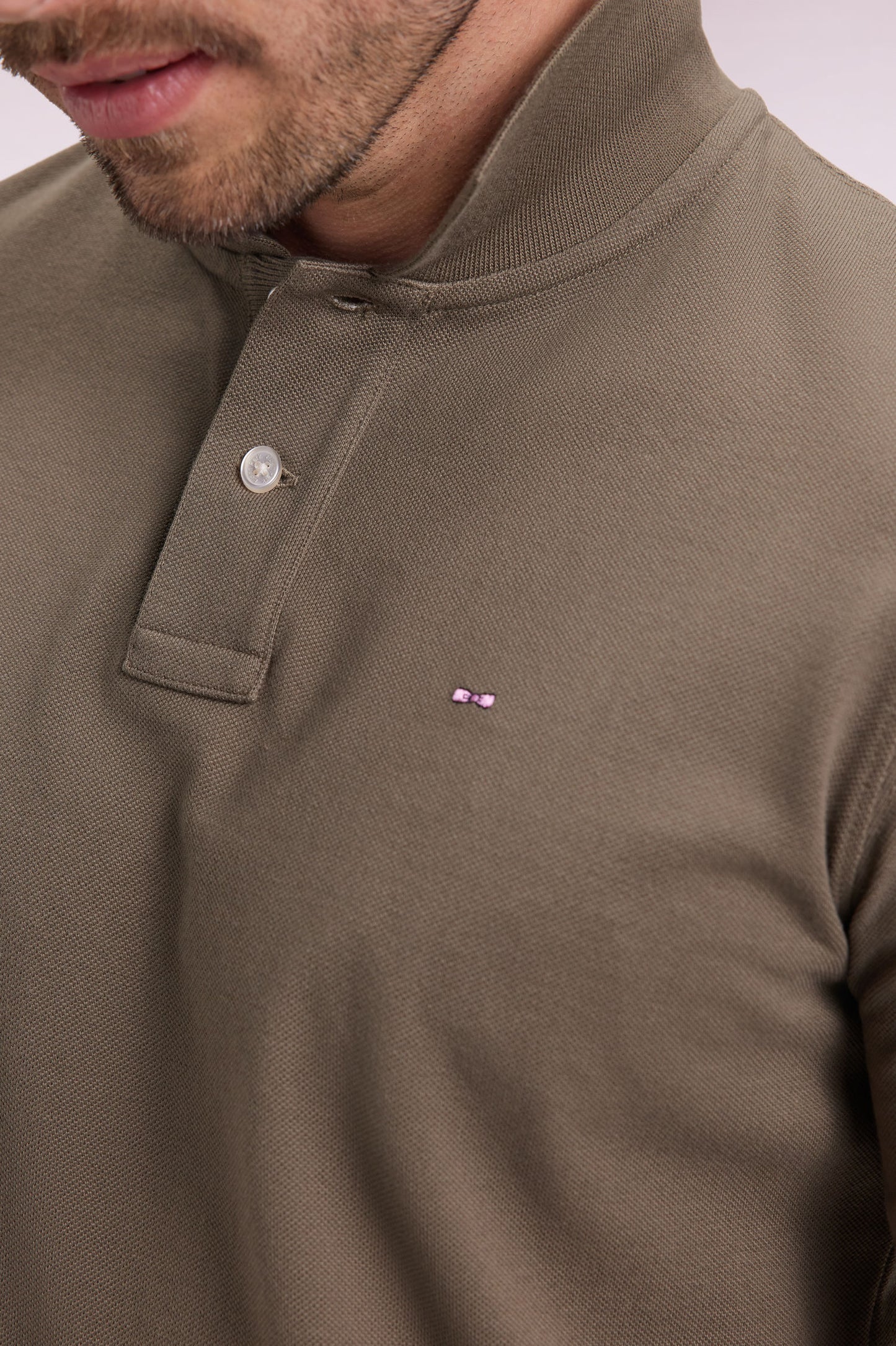 Long-sleeved polo shirt in khaki Pima cotton, straight cut