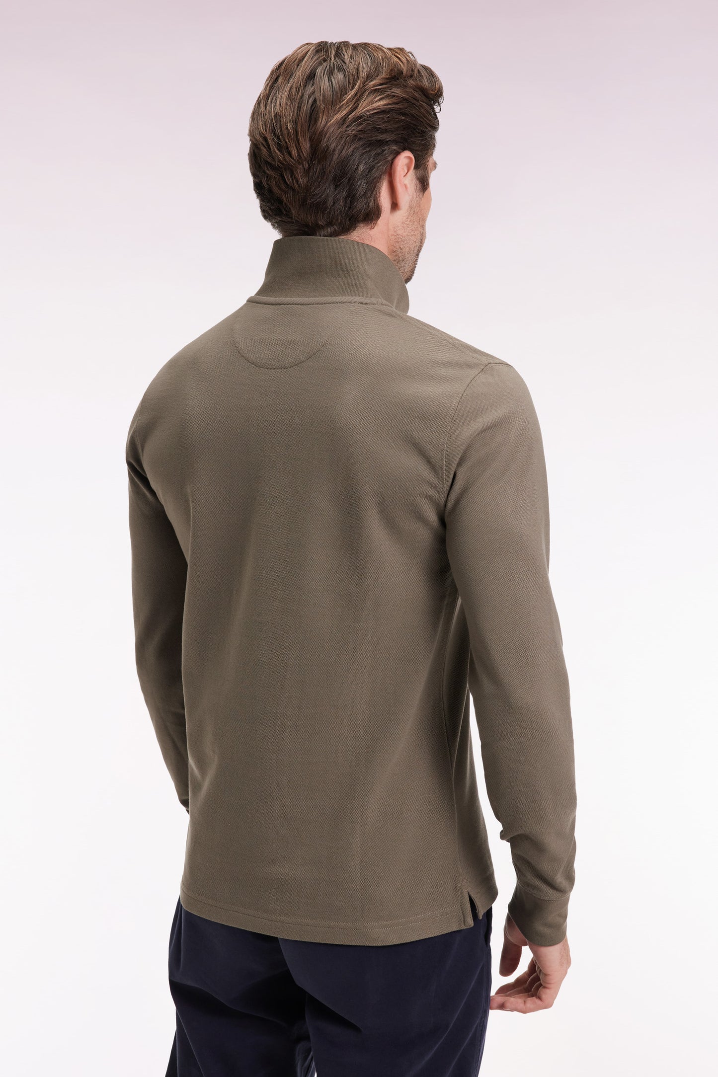 Long-sleeved polo shirt in khaki Pima cotton, straight cut