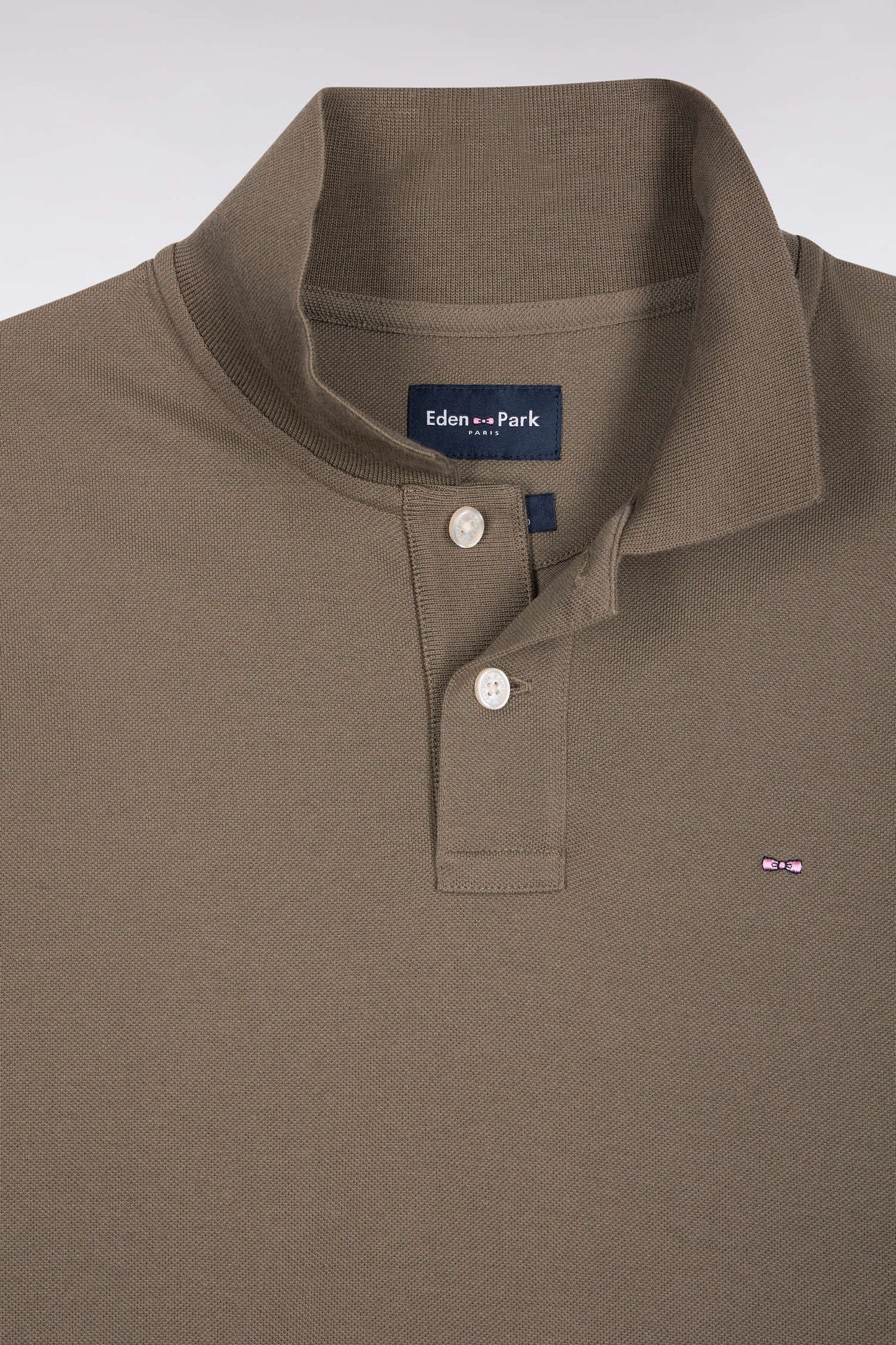 Long-sleeved polo shirt in khaki Pima cotton, straight cut