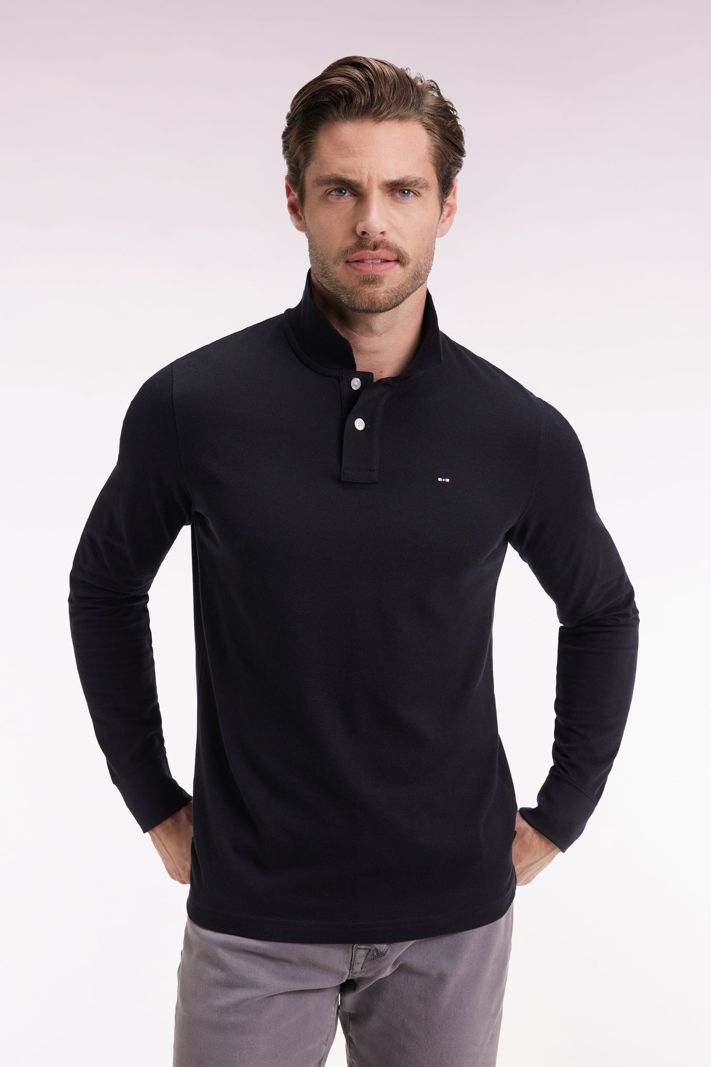 Long-sleeved polo shirt in black Pima cotton, straight cut