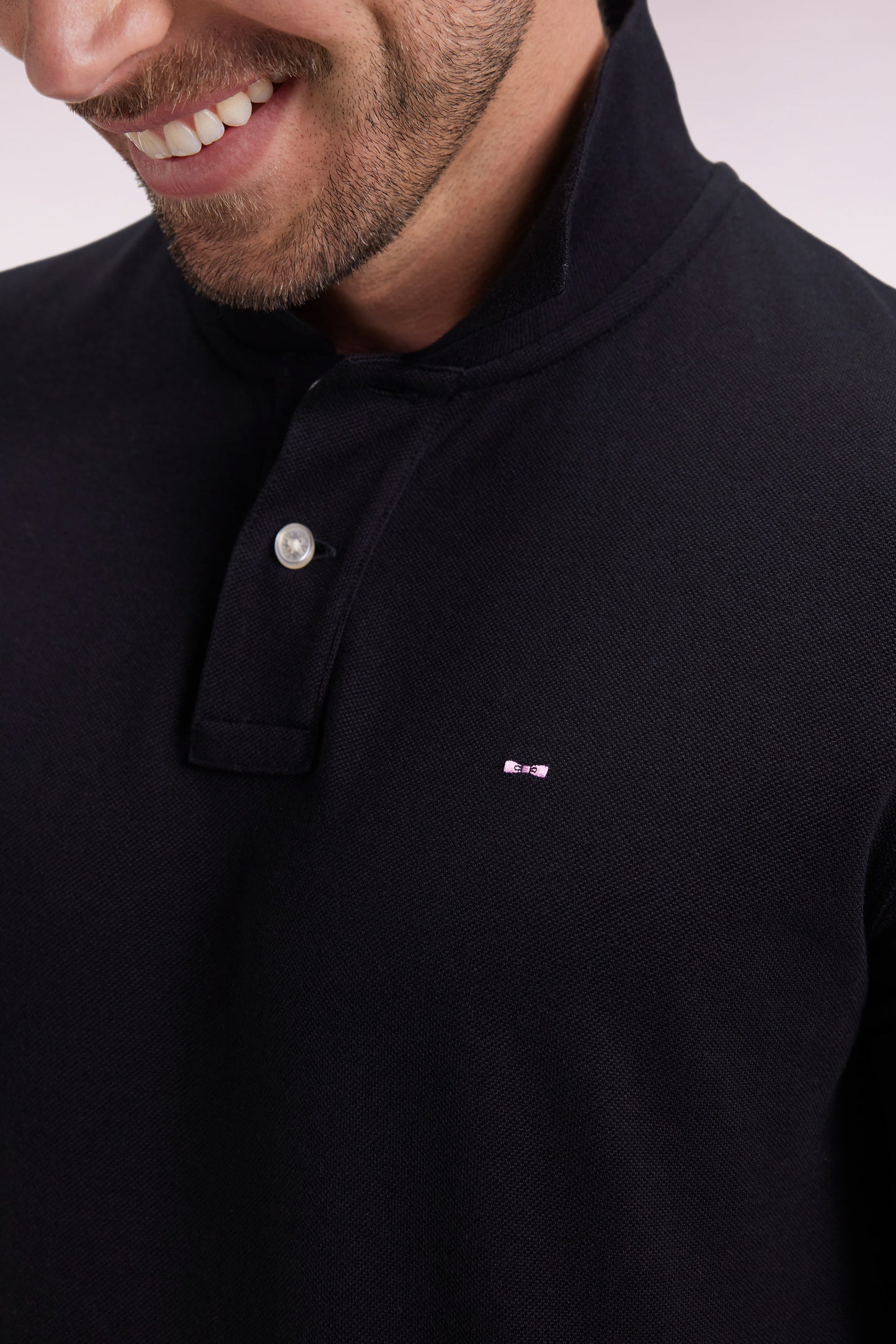 Long-sleeved polo shirt in black Pima cotton, straight cut