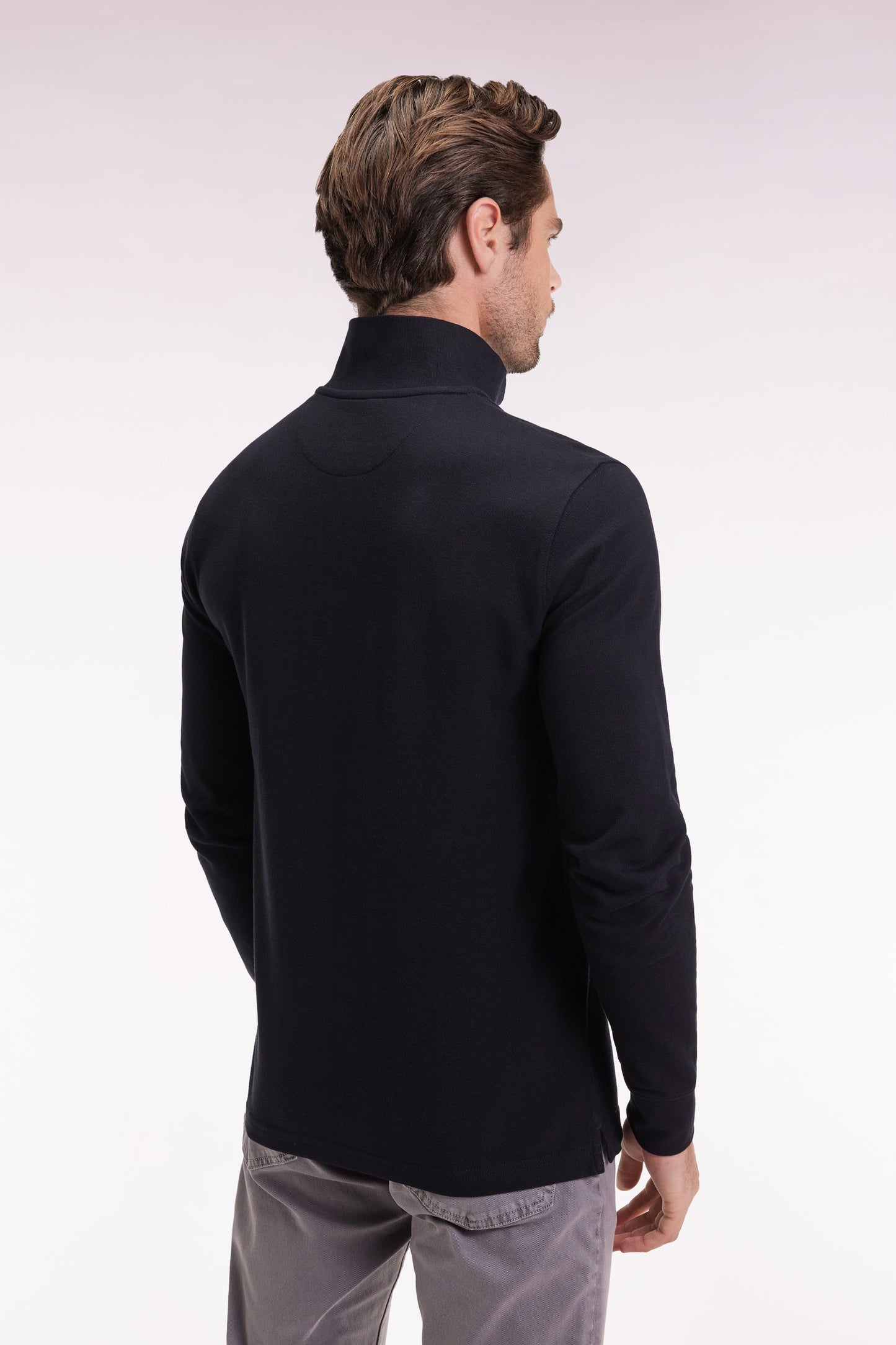 Long-sleeved polo shirt in black Pima cotton, straight cut