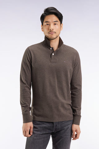 Long-sleeved polo shirt in brown mottled cotton, straight cut