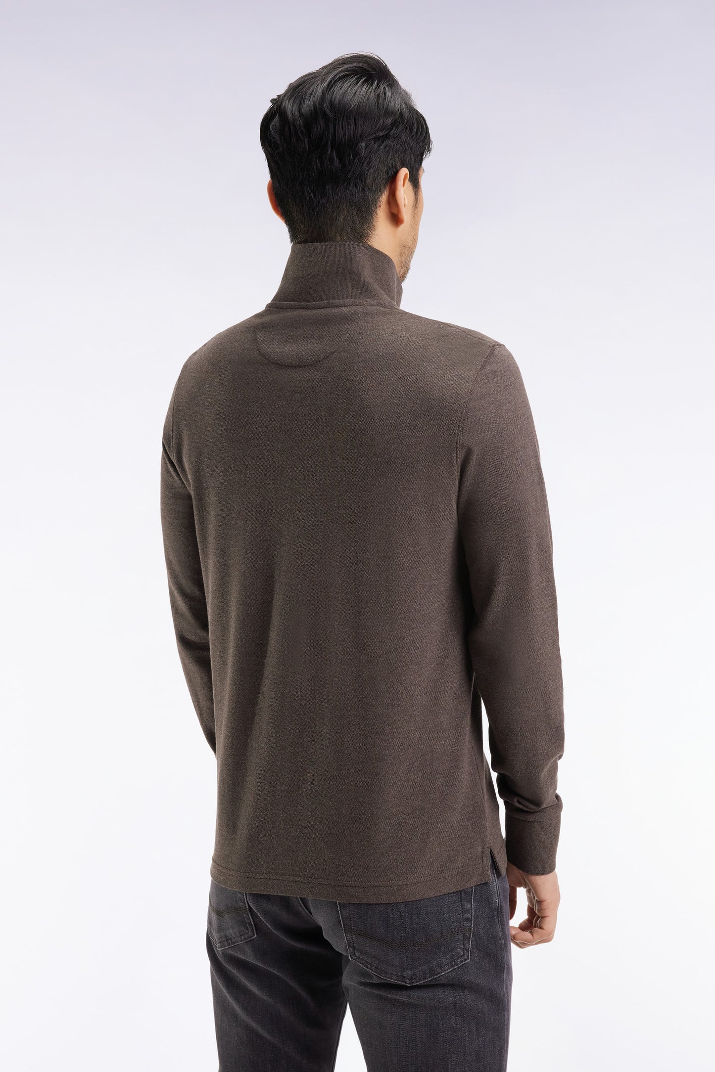 Long-sleeved polo shirt in brown mottled cotton, straight cut