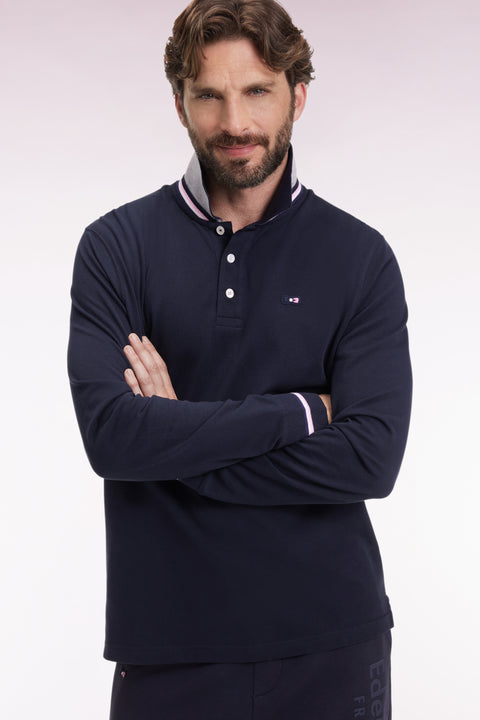 Relaxed fit long-sleeved polo shirt in navy cotton - Image 1