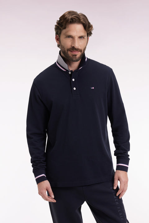 Relaxed fit long-sleeved polo shirt in navy cotton - Image 3