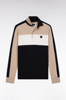 Three-tone long-sleeved polo shirt in beige stretch cotton, slim fit
