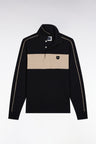 Three-tone long-sleeved polo shirt in black stretch cotton, slim fit