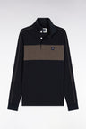 Three-tone long-sleeved polo shirt in navy stretch cotton, slim fit