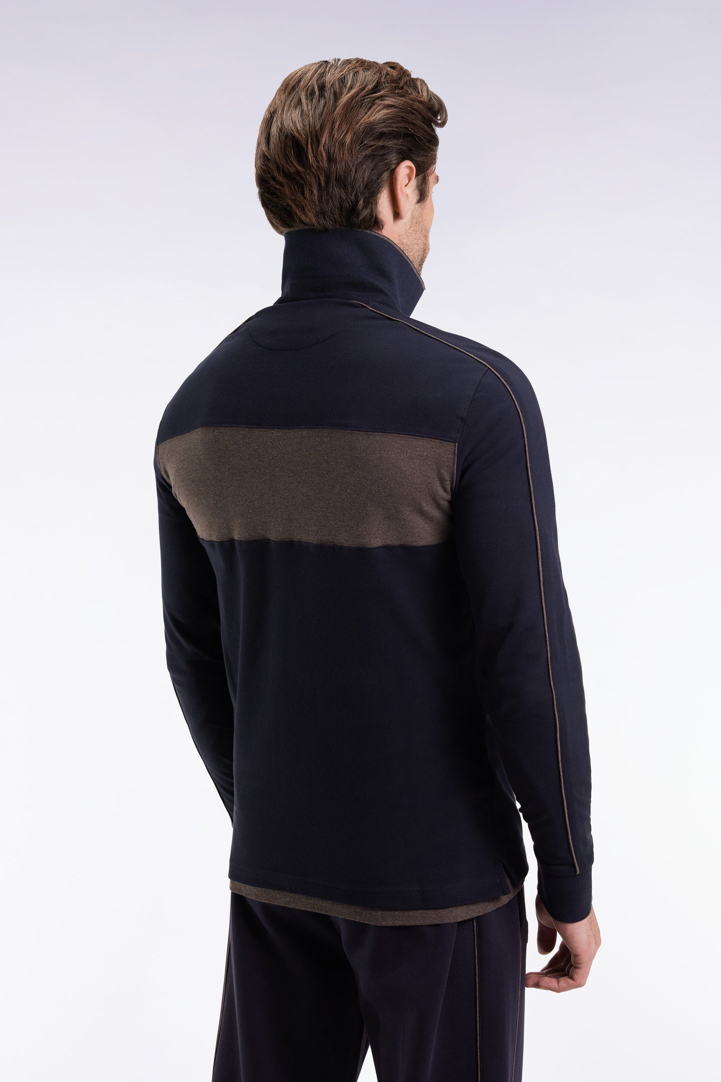 Polo tricolore à manches longues en coton stretch marine coupe slim