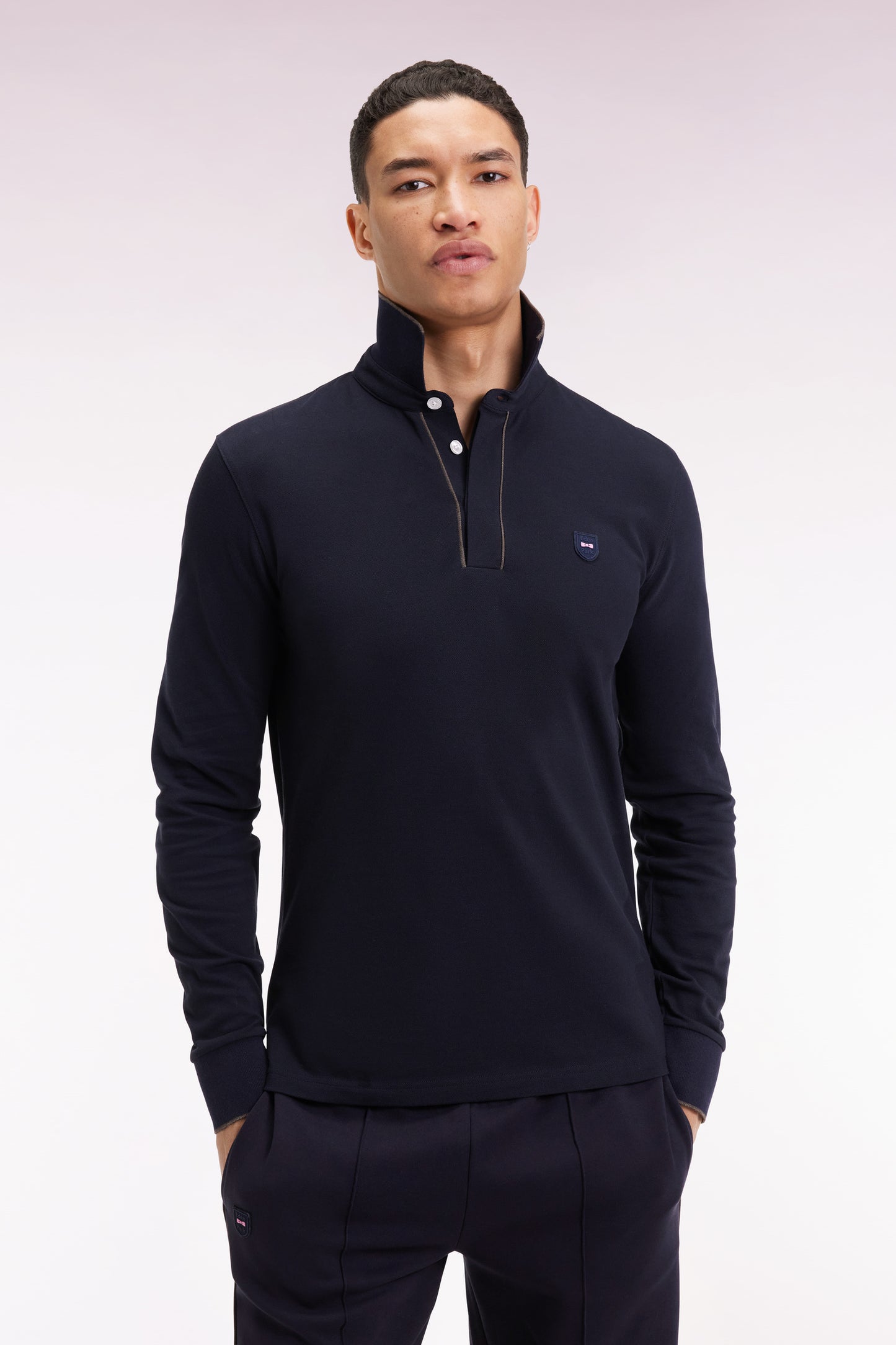 Polo à manches longues en coton stretch marine passepoilé coupe slim