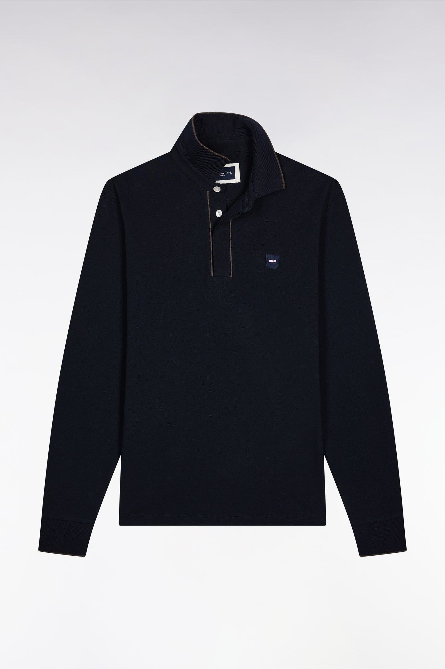 Polo à manches longues en coton stretch marine passepoilé coupe slim