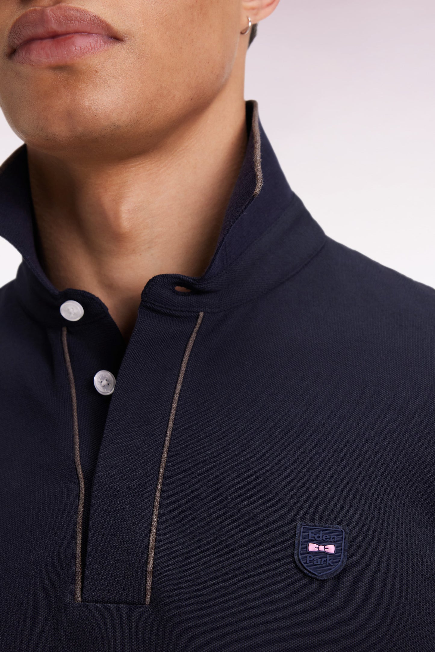 Polo à manches longues en coton stretch marine passepoilé coupe slim