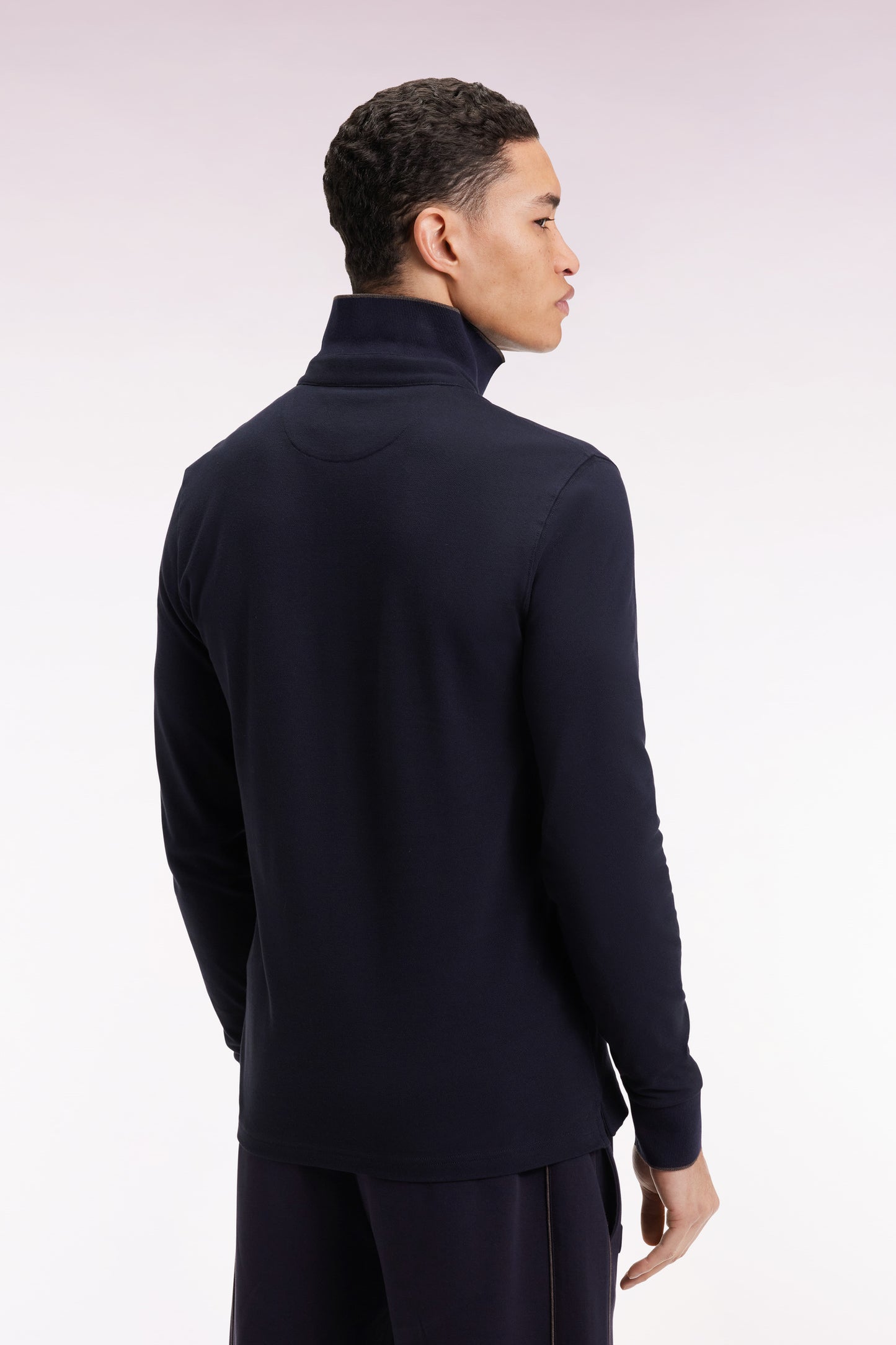 Polo à manches longues en coton stretch marine passepoilé coupe slim