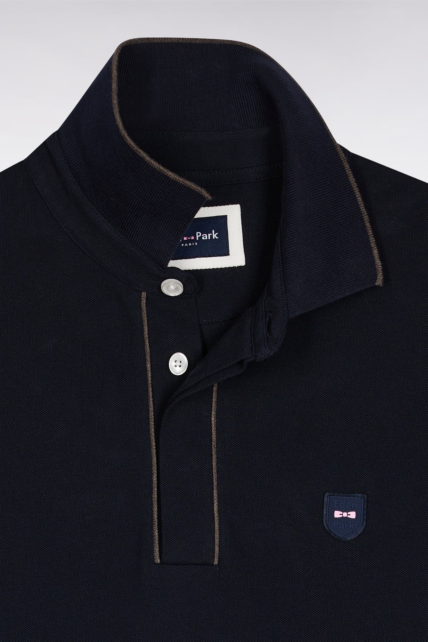 Polo à manches longues en coton stretch marine passepoilé coupe slim