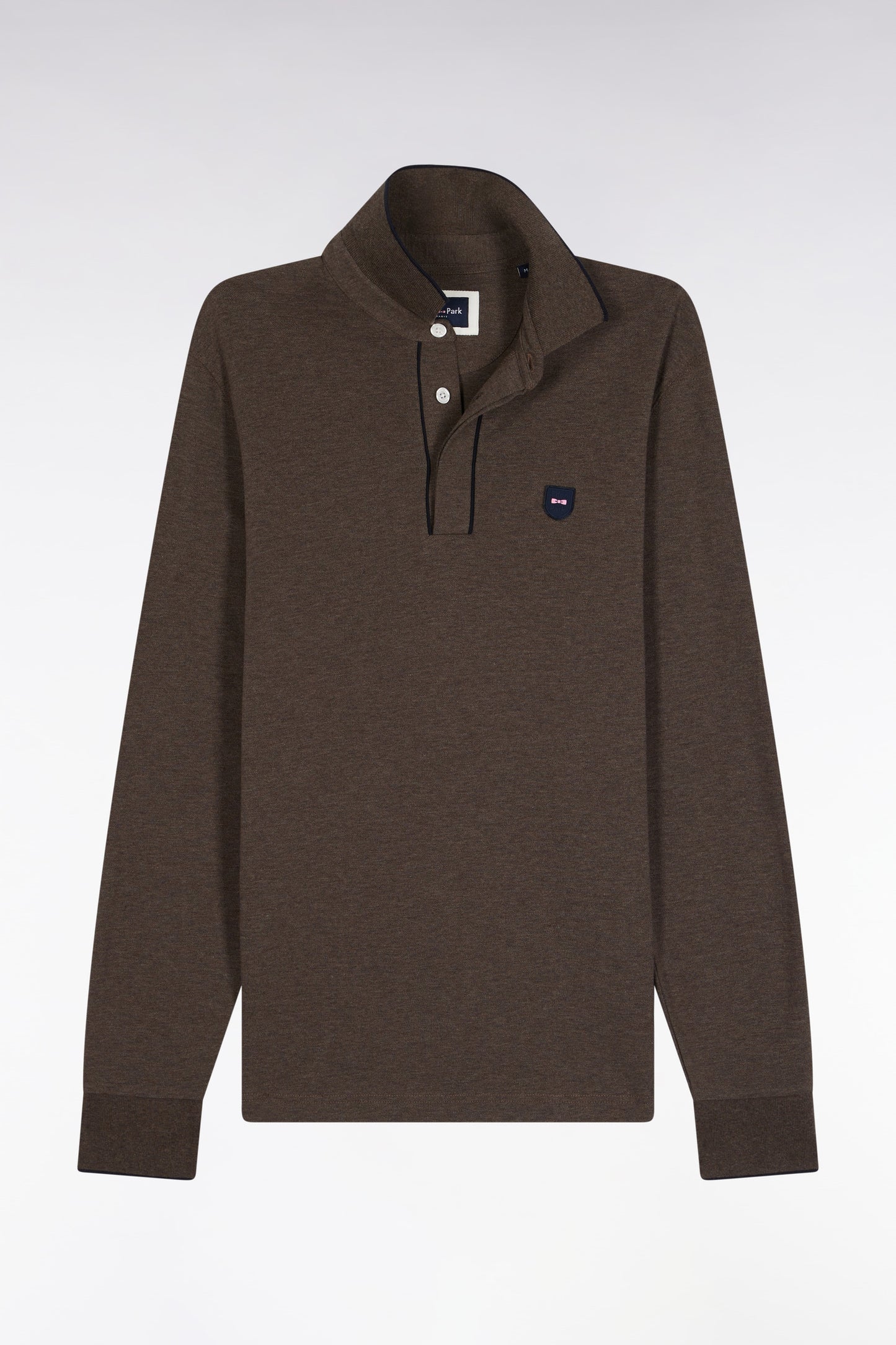 Polo à manches longues en coton stretch marron passepoilé coupe slim