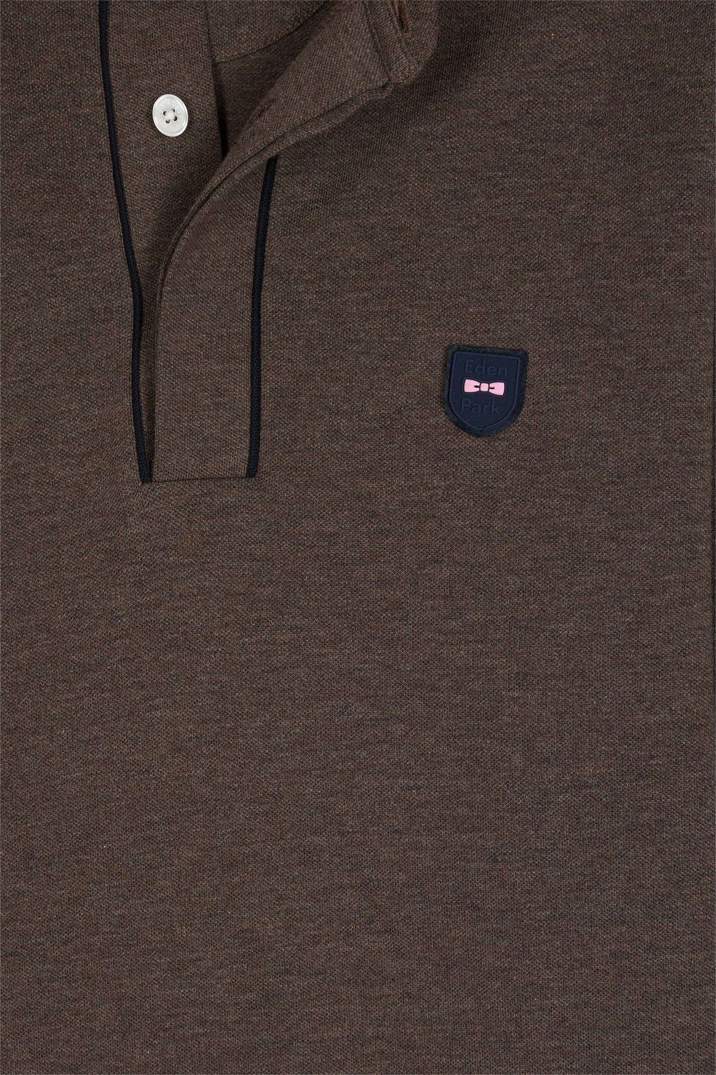 Polo à manches longues en coton stretch marron passepoilé coupe slim