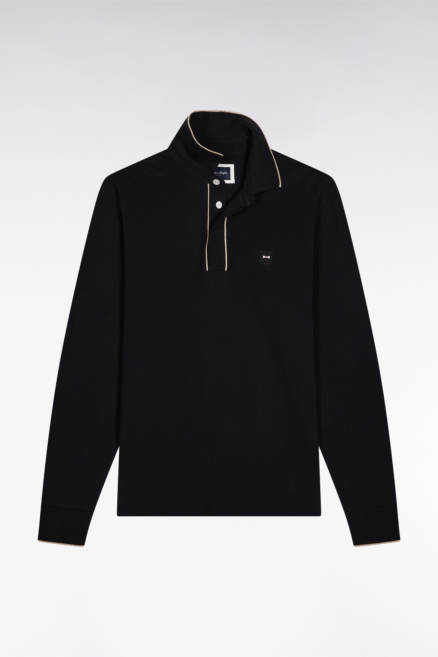 Polo à manches longues en coton stretch noir passepoilé coupe slim