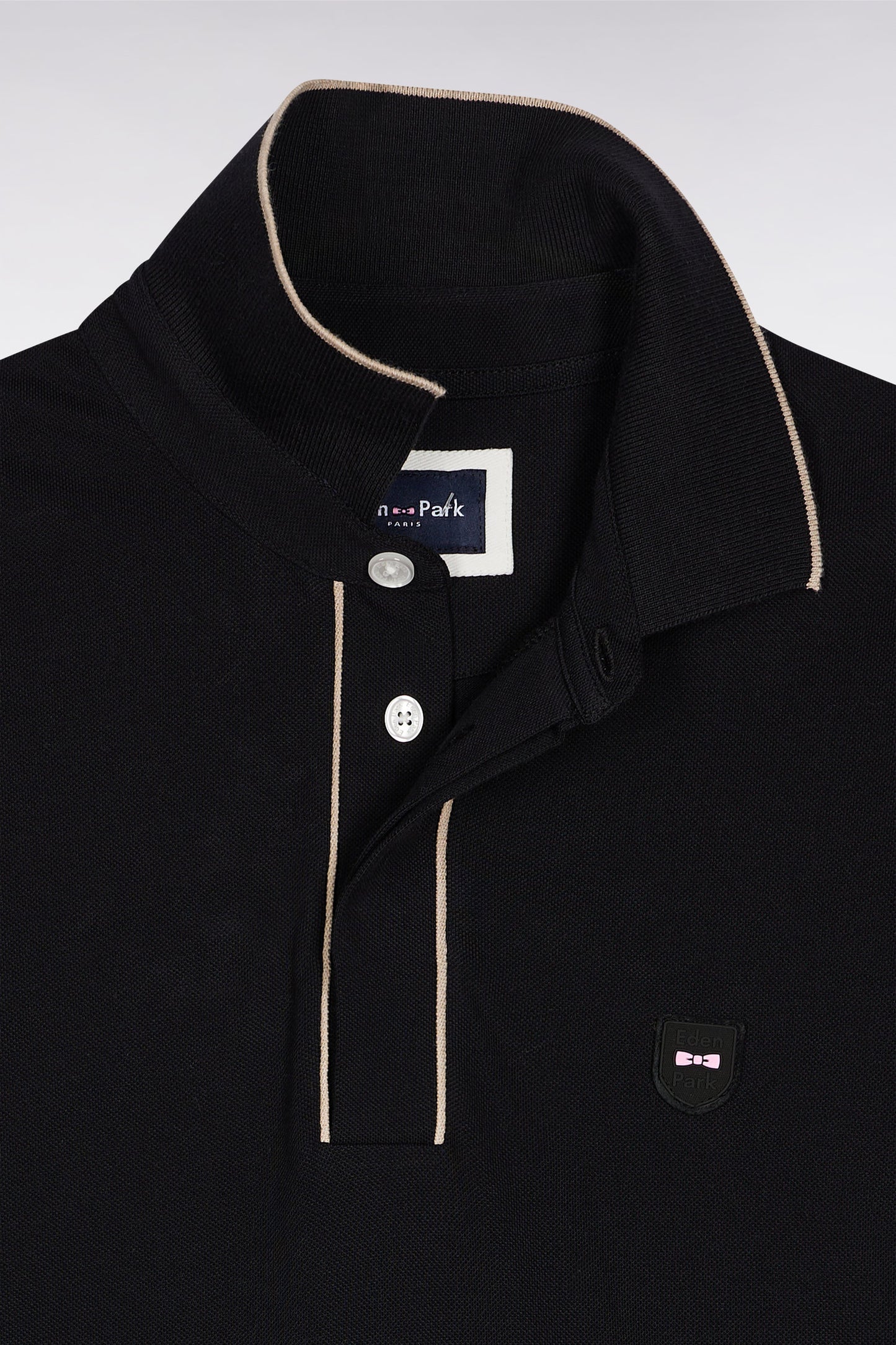 Polo à manches longues en coton stretch noir passepoilé coupe slim