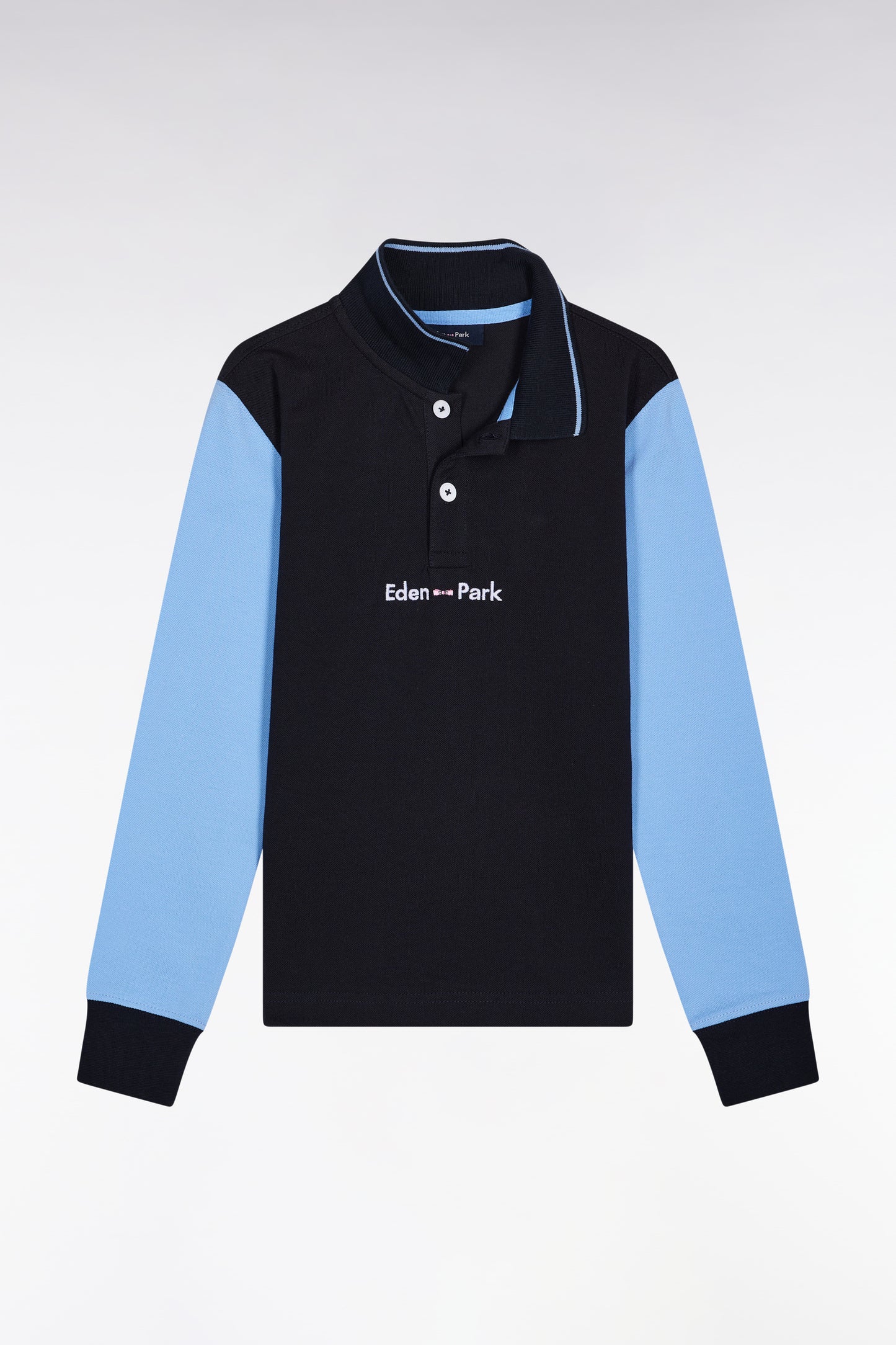 Long-sleeved polo shirt in two-tone cotton piqué, sky blue