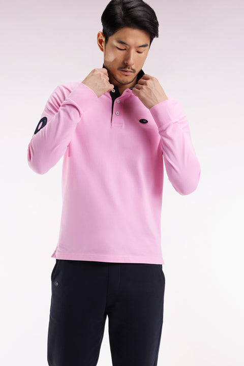 Long-sleeved polo shirt in pink cotton with embroidery, straight cut - Image 1