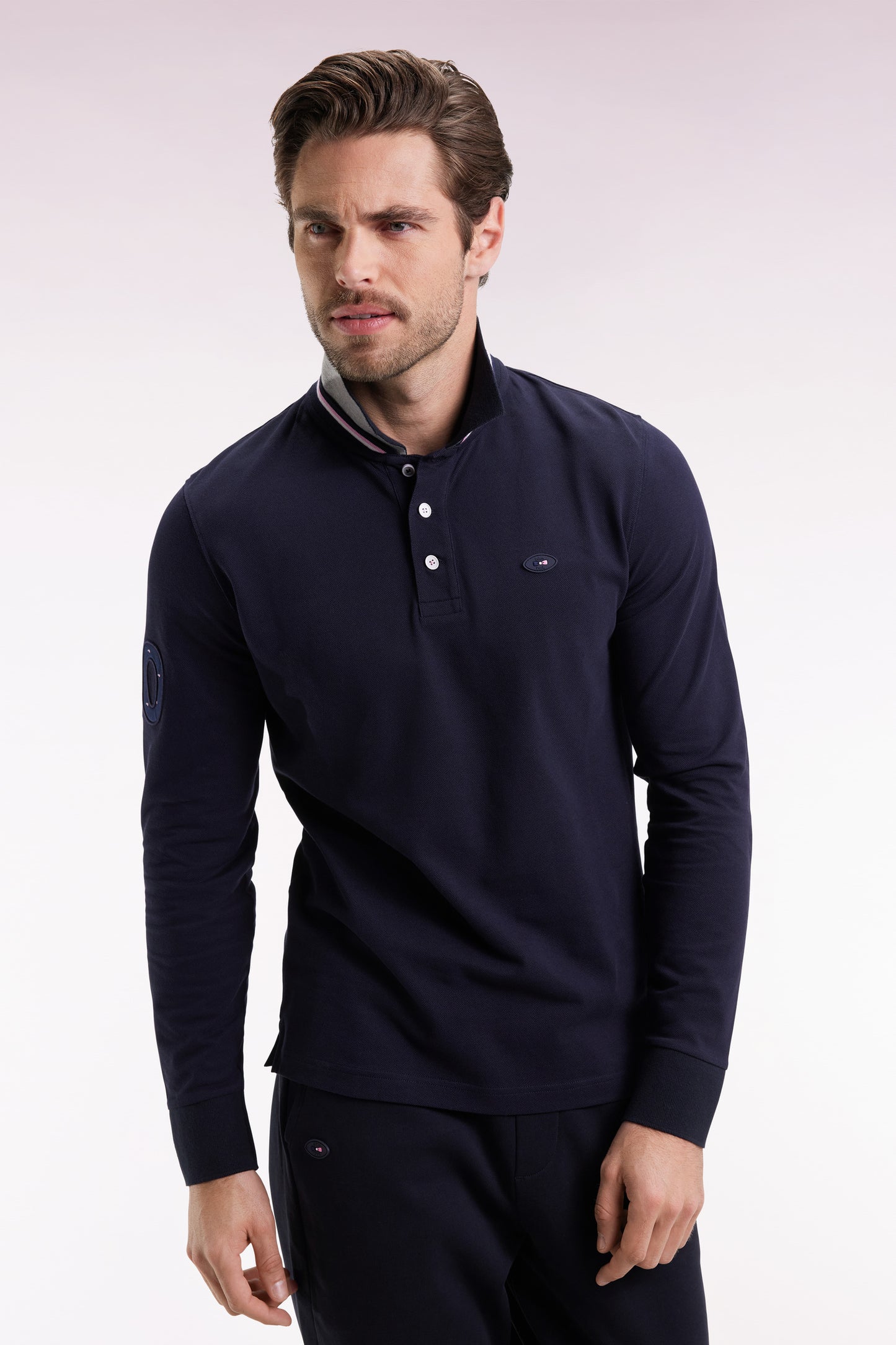 Long-sleeved polo shirt in navy cotton, embroidered, straight cut