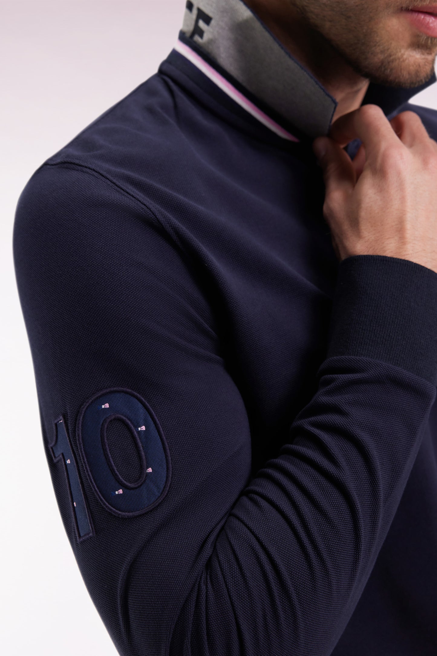 Long-sleeved polo shirt in navy cotton, embroidered, straight cut