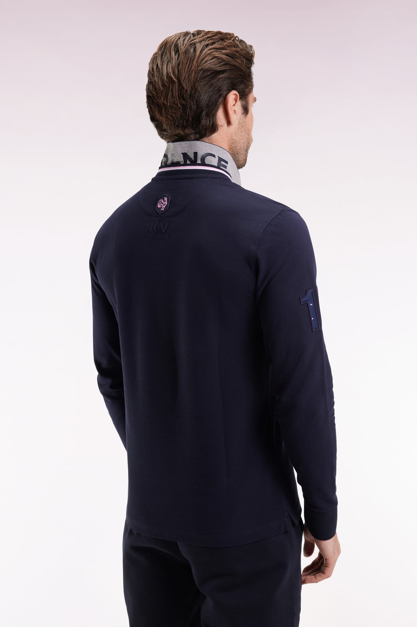 Long-sleeved polo shirt in navy cotton, embroidered, straight cut