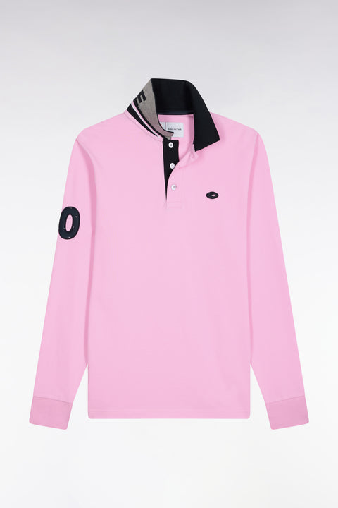 Long-sleeved polo shirt in pink cotton with embroidery, straight cut - Image 2