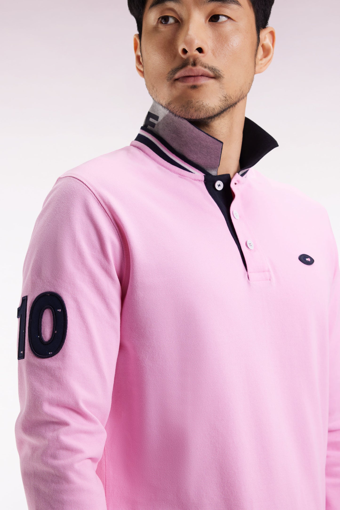 Long-sleeved polo shirt in pink cotton with embroidery, straight cut