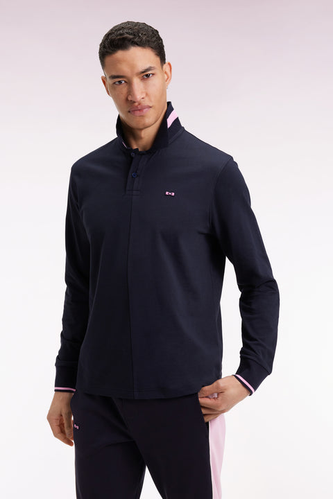 Long-sleeved polo shirt in navy cotton piqué with pink piping Relaxed fit - Image 3