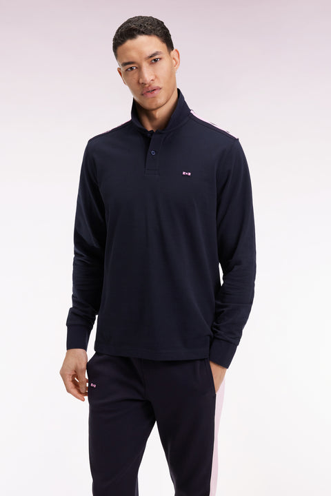 Long-sleeved polo shirt in navy cotton piqué with pink ribbon logo - Image 3