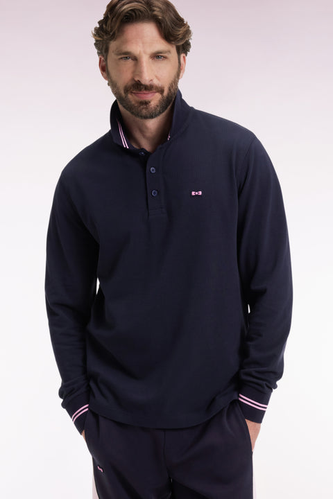 Long-sleeved polo shirt in navy cotton piqué with striped collar. - Image 1