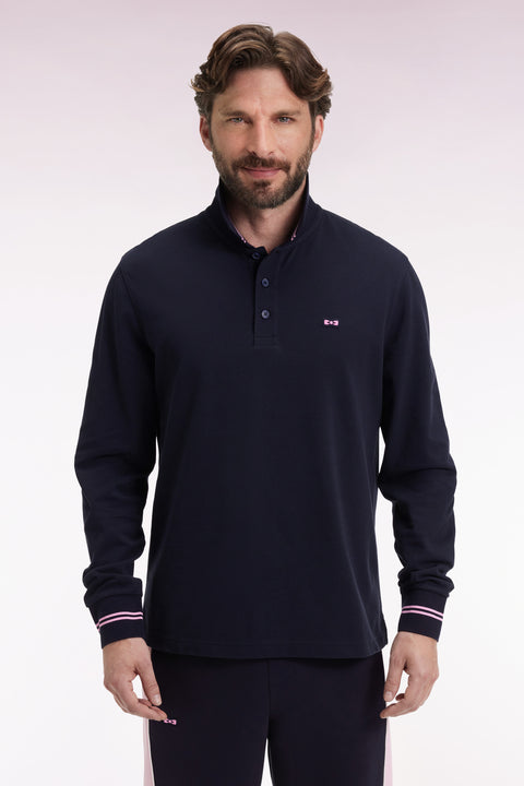 Long-sleeved polo shirt in navy cotton piqué with striped collar. - Image 3