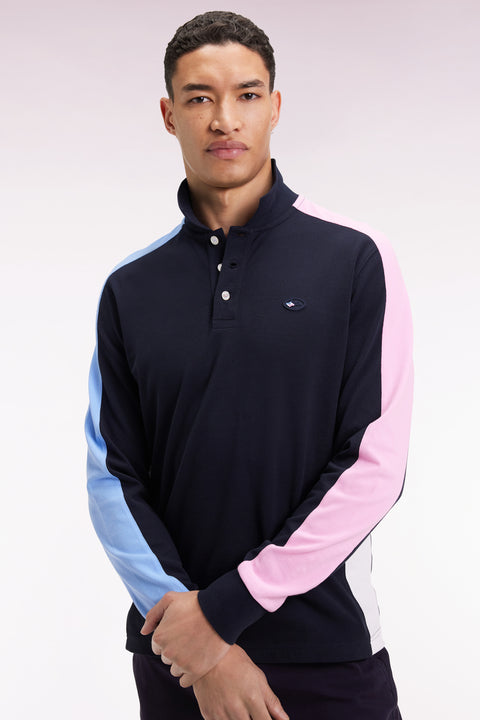 Long-sleeved navy polo shirt with tri-color cut-out sleeves - Image 1