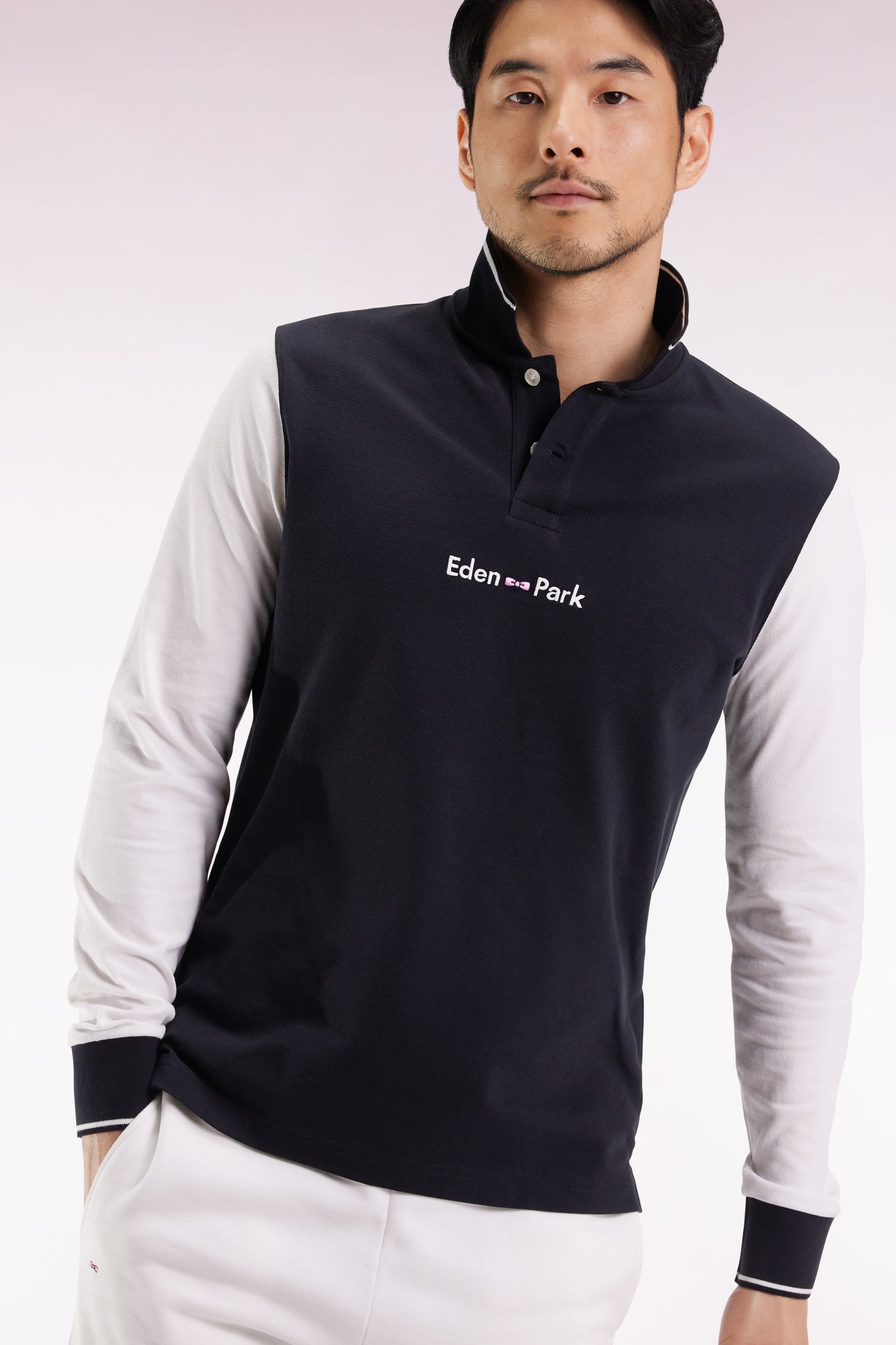 Polo à manches longues en piqué coton bicolore blanc logo Eden Park