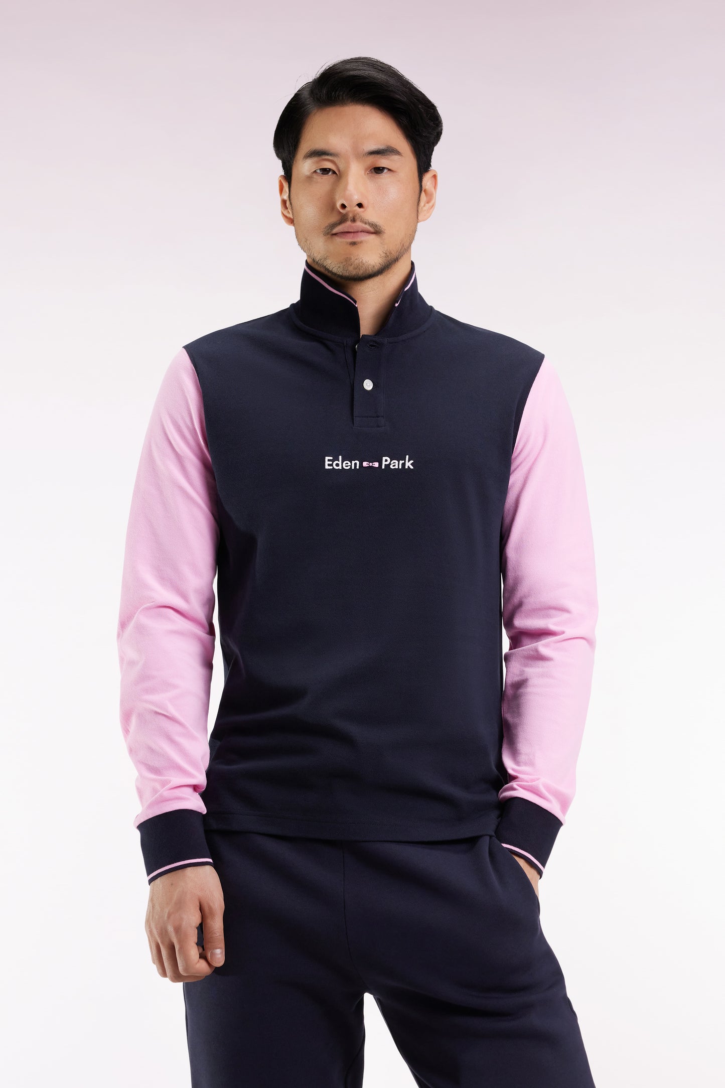 Polo à manches longues en piqué coton bicolore rose logo Eden Park