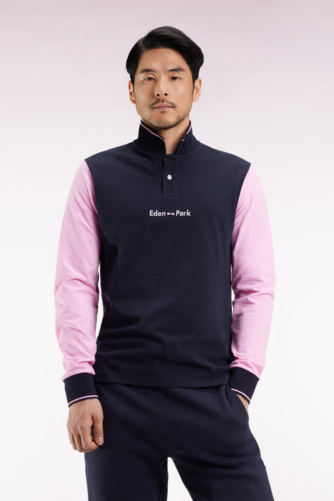 Long-sleeved polo shirt in two-tone pink cotton piqué with Eden Park logo - Image 3