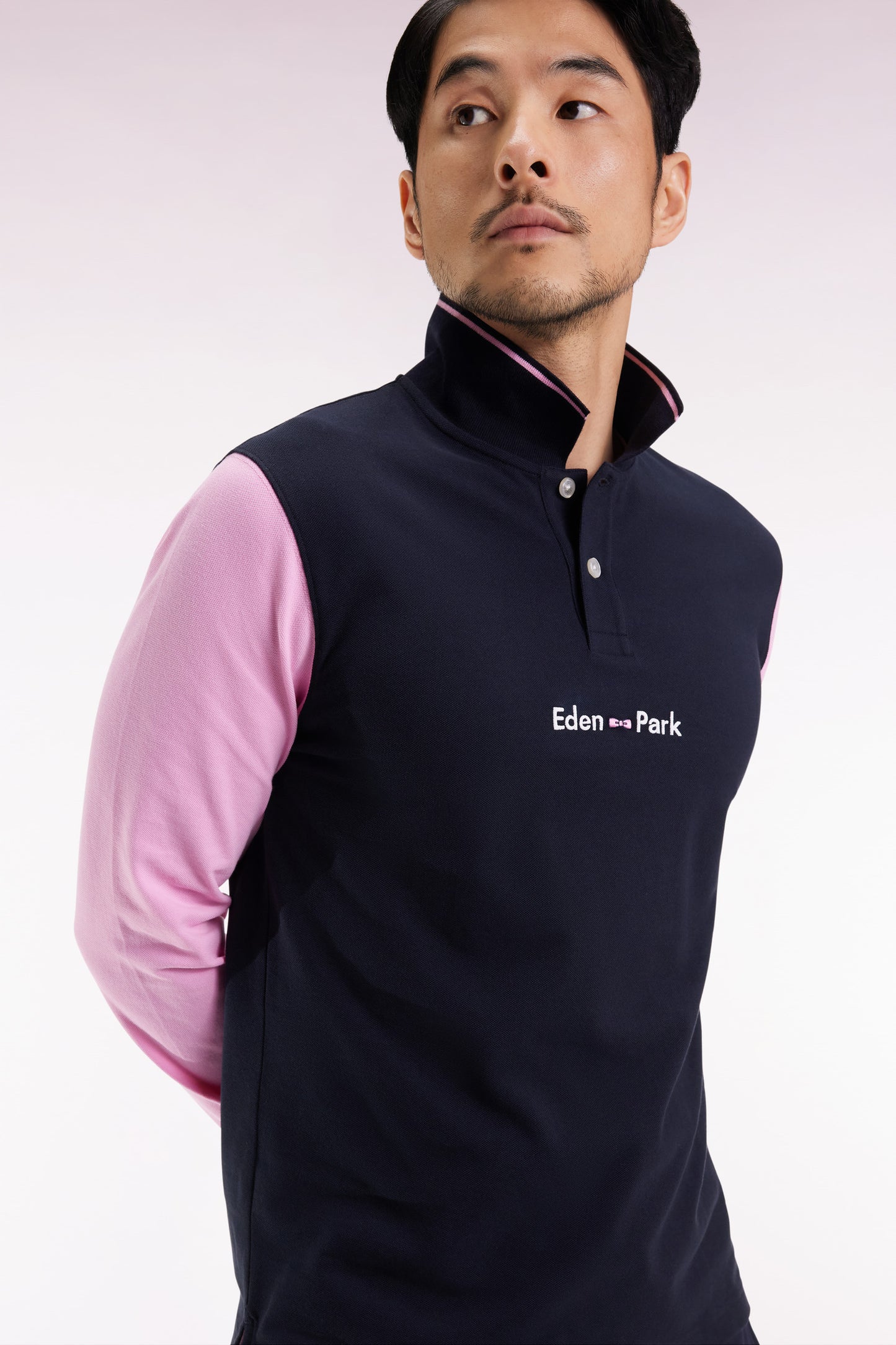 Polo à manches longues en piqué coton bicolore rose logo Eden Park