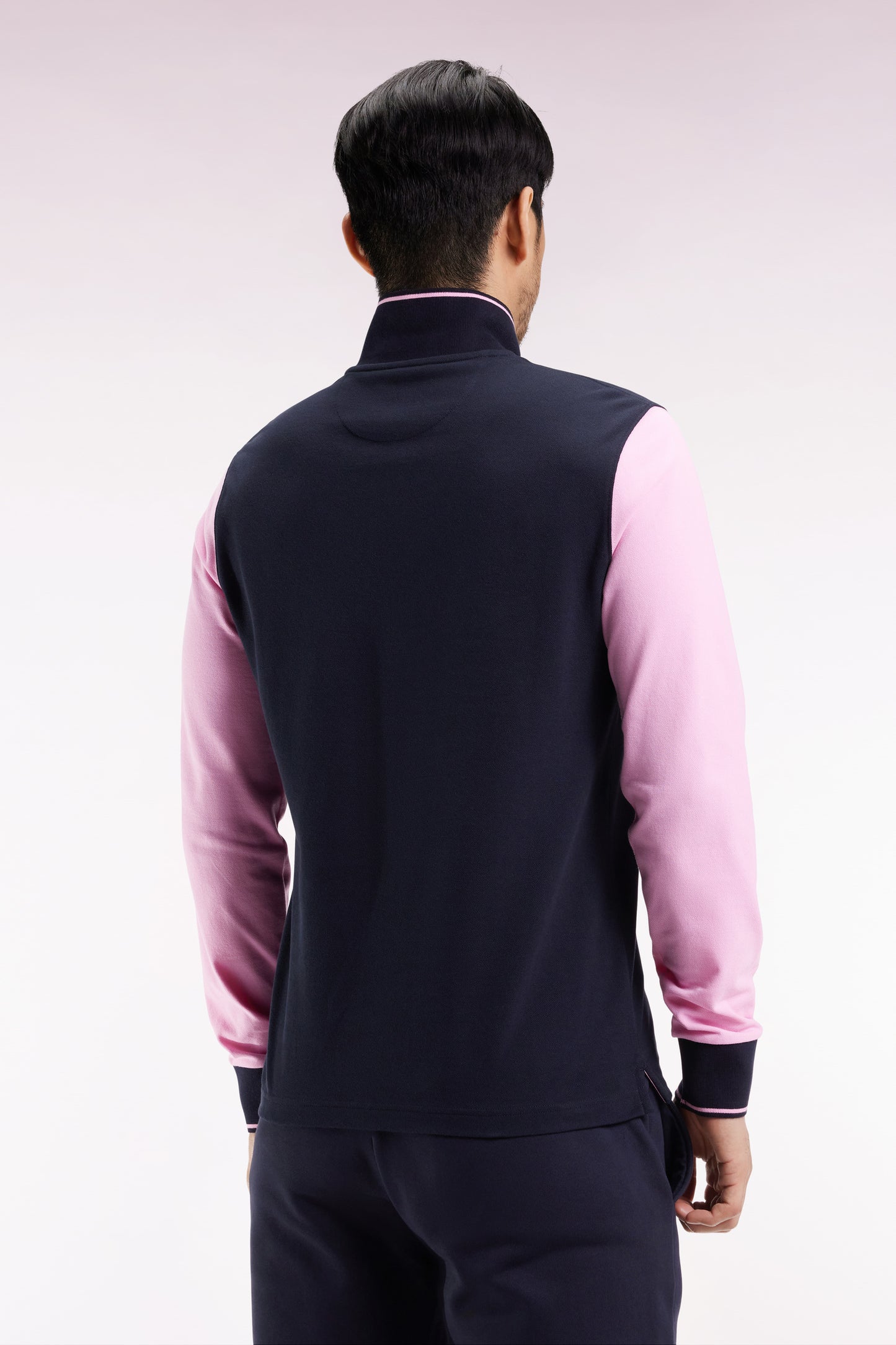 Polo à manches longues en piqué coton bicolore rose logo Eden Park