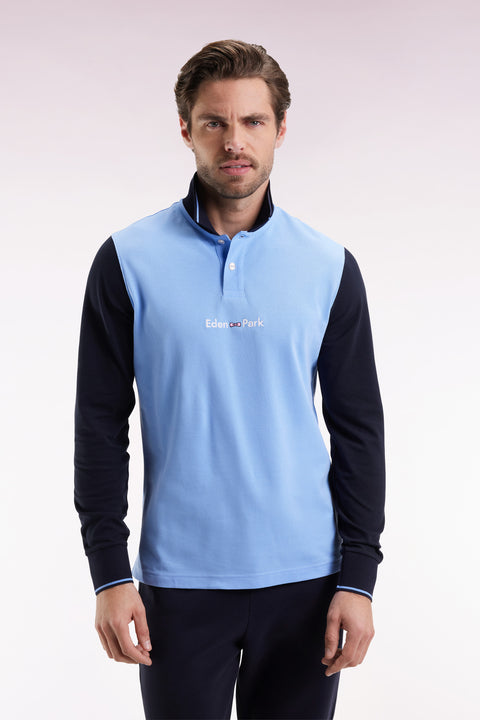 Long-sleeved polo shirt in two-tone cotton piqué with sky blue Eden Park logo - Image 3