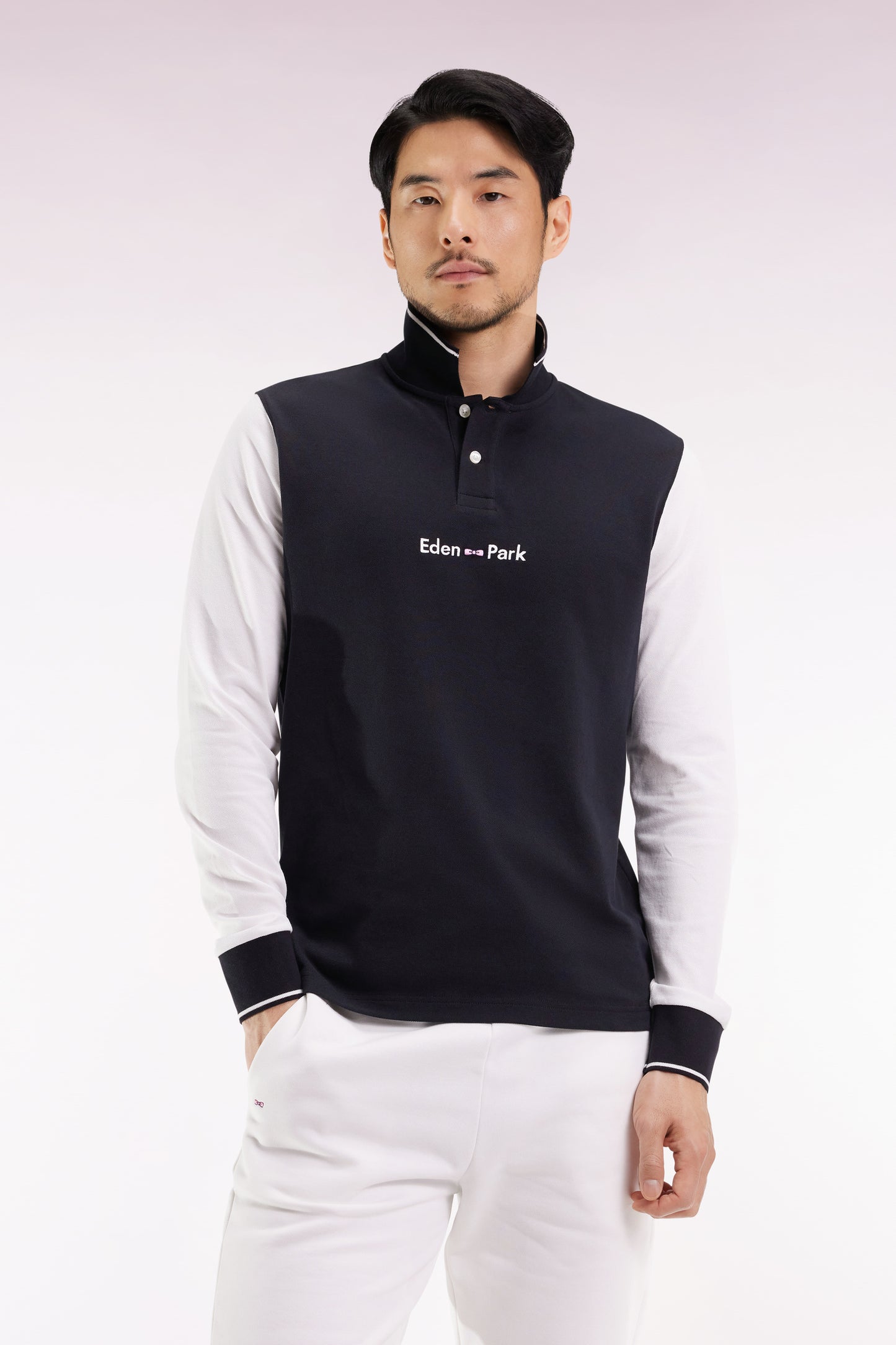 Polo à manches longues en piqué coton bicolore blanc logo Eden Park