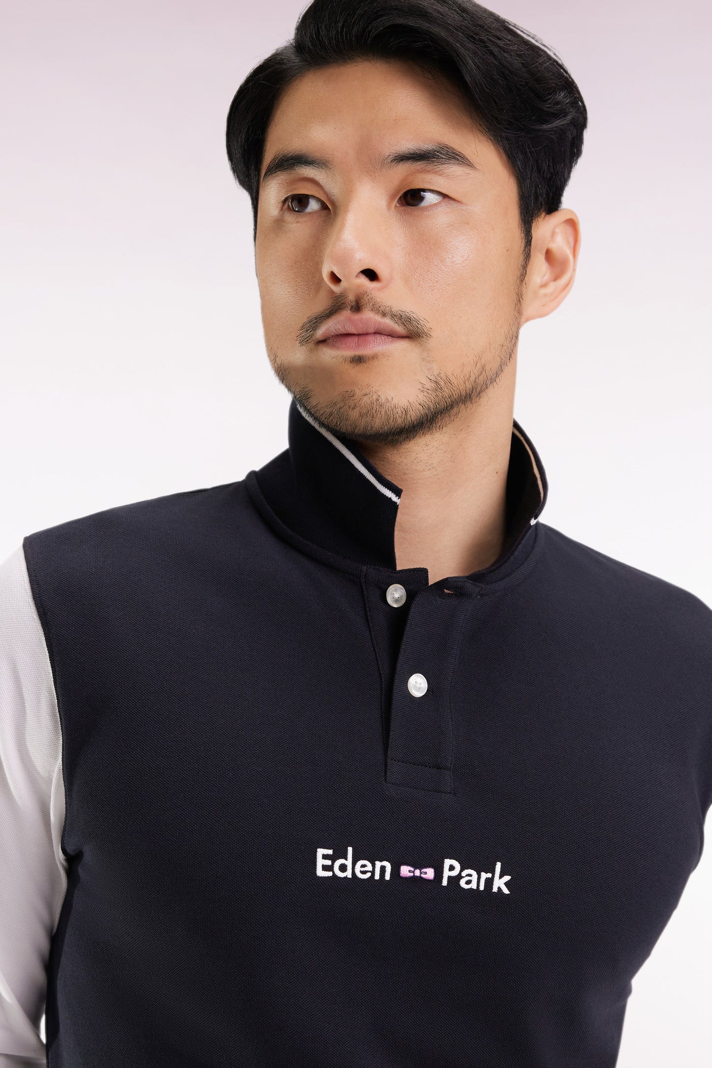 Polo à manches longues en piqué coton bicolore blanc logo Eden Park