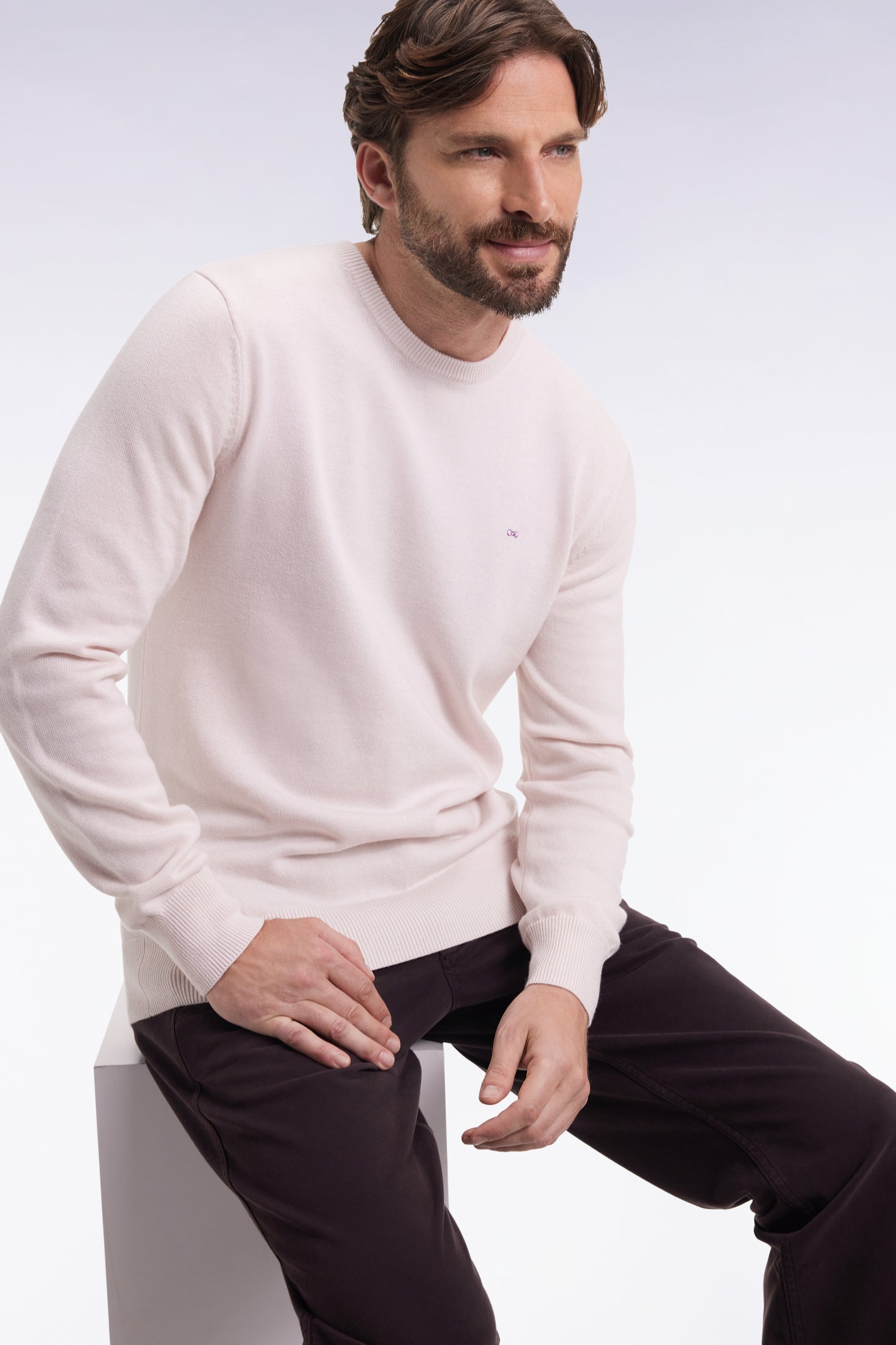 Round-neck sweater in ecru wool and cotton