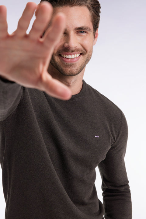 Round-neck sweater in bottle-green wool and cotton - Image 1