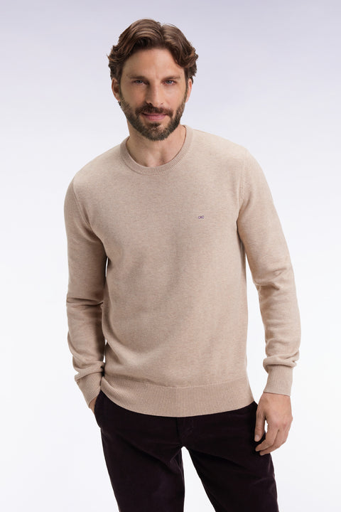 Round-neck sweater in beige wool and cotton - Image 1